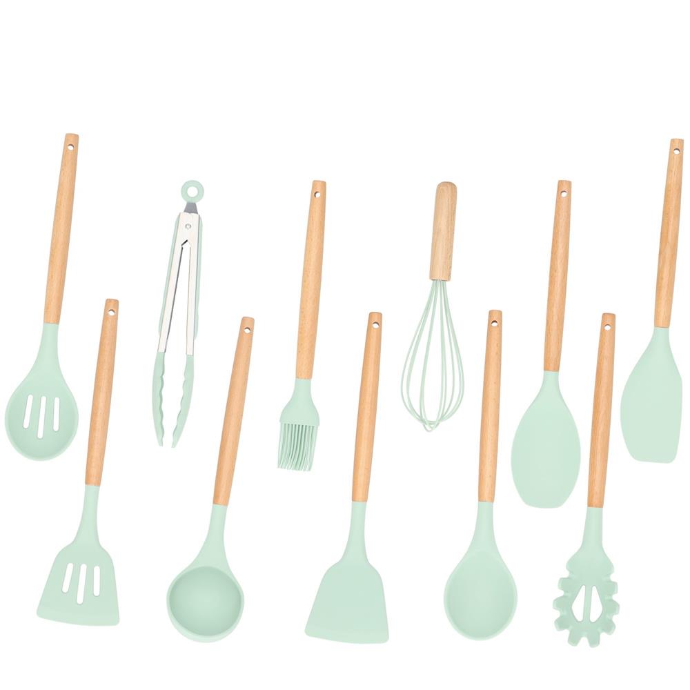 Set Sersimo 12 ustensile de bucatarie din silicon termorezistent si maner din bambus, verde deschis