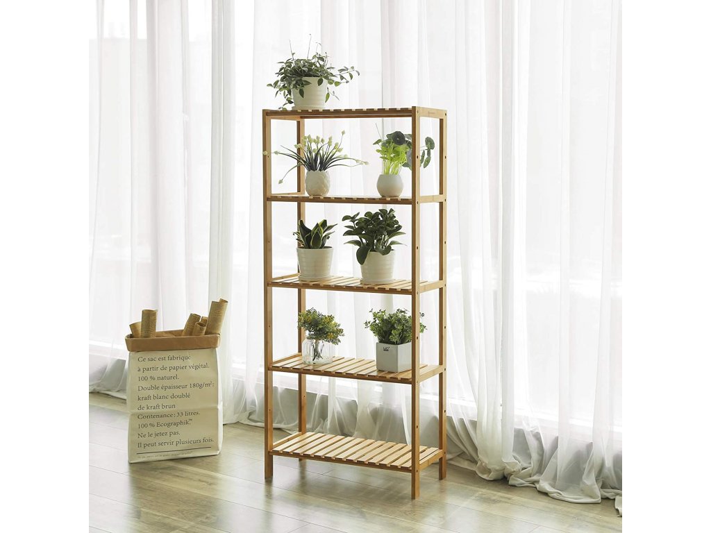 SONGMICS Raft de depozitare din bambus, 5 polite, pentru bucatarie sau baie, 130x60x26cm, maro natural