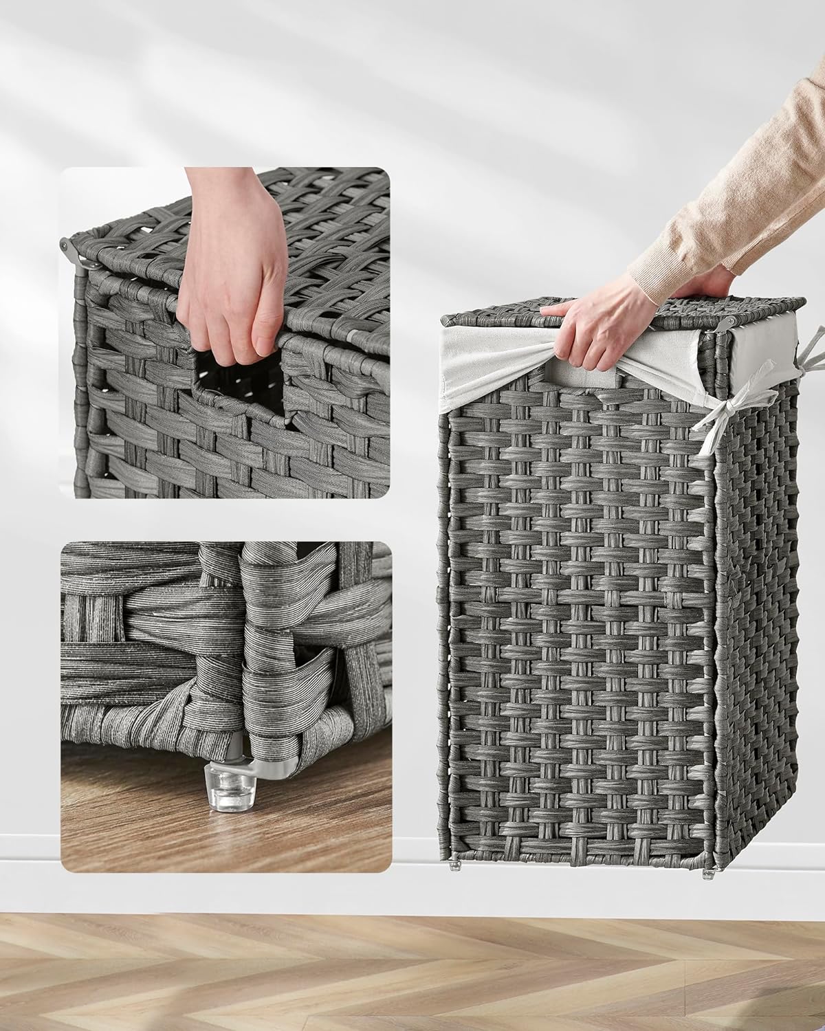 SONGMICS Cos de rufe din ratan sintetic cu capac, sac detasabil, volum 90L, 46x33x60cm, gri