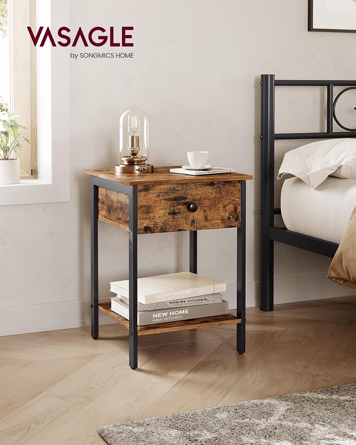 VASAGLE Noptiera din lemn cu cadru din otel, 1 sertar si 1 raft, 40x40x55, maro rustic si negru