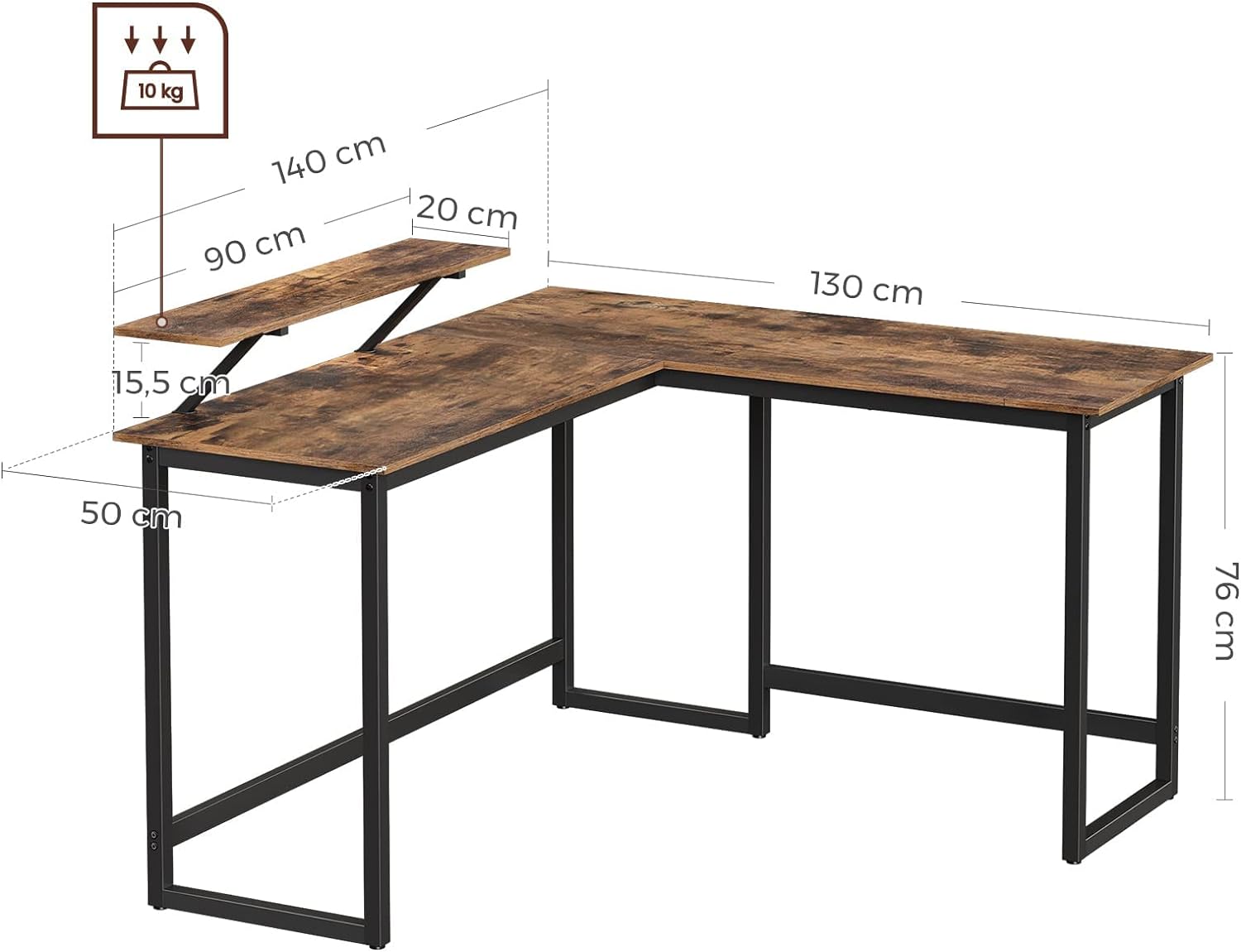 VASAGLE Birou in forma de L cu suport pentru monitor, cadru metalic, 140x130x76cm, maro rustic