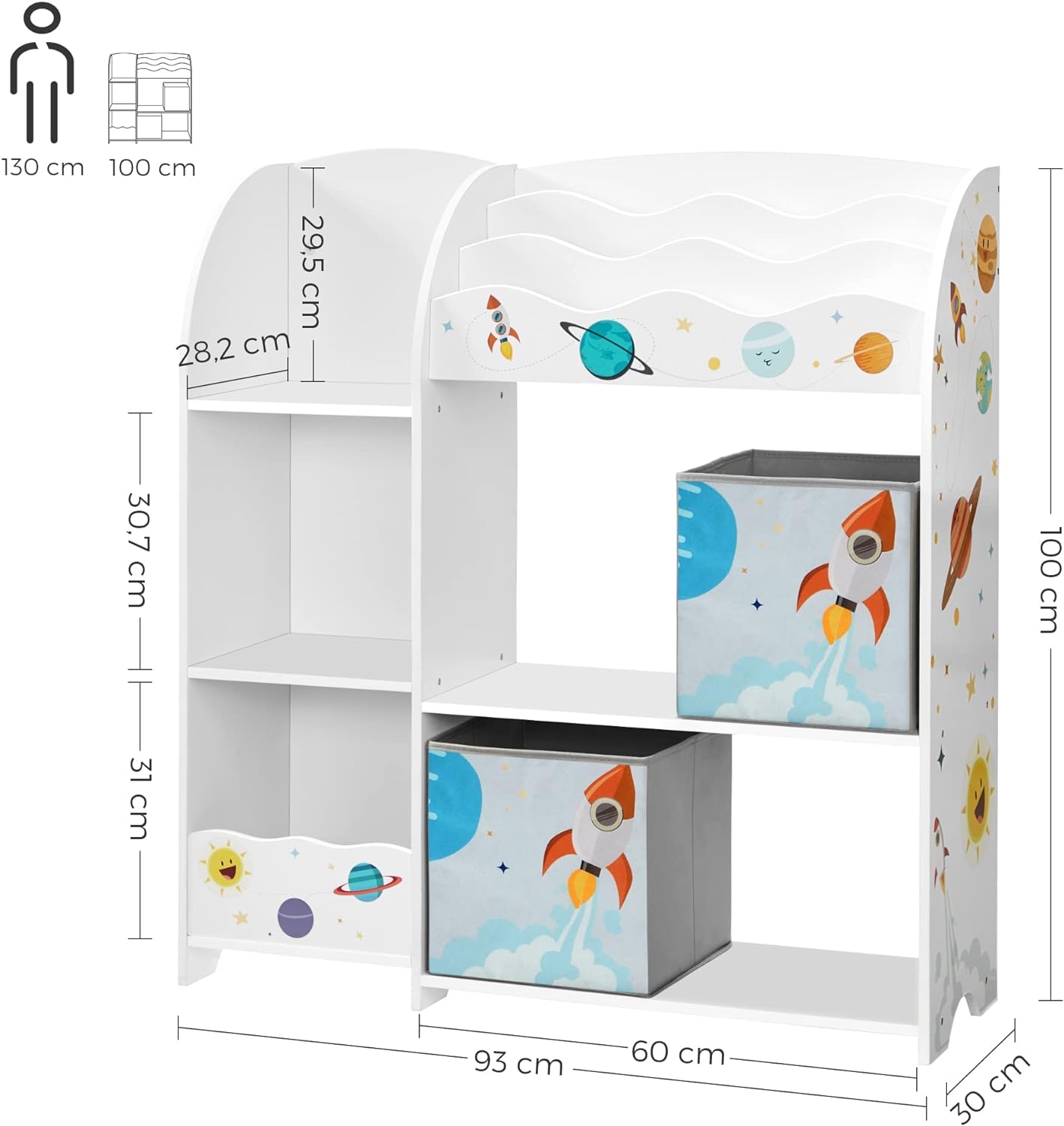 SONGMICS Organizator de jucarii si carti pentru copii, multifunctional cu 2 cutii de depozitare, 93x30x100cm, alb