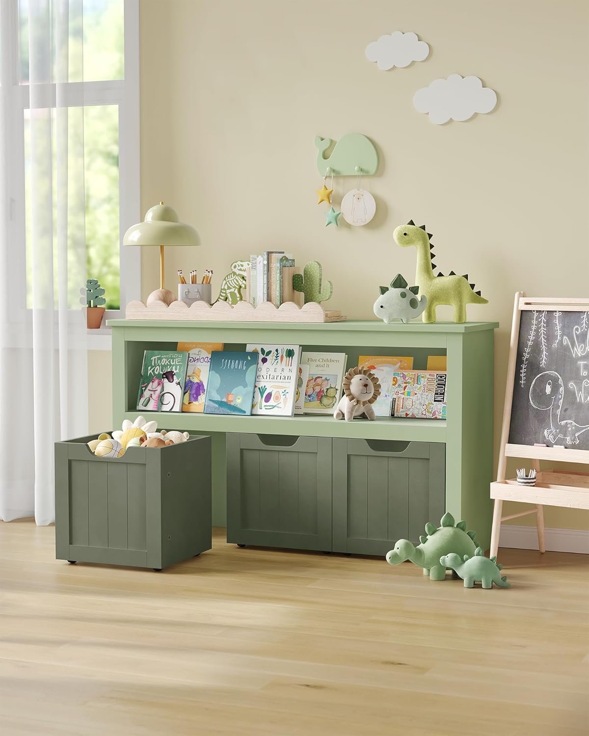VASAGLE Dulap depozitare jucarii, din MDF, cu 3 compartimente detasabile pe roti, 30x102x60 cm, verde