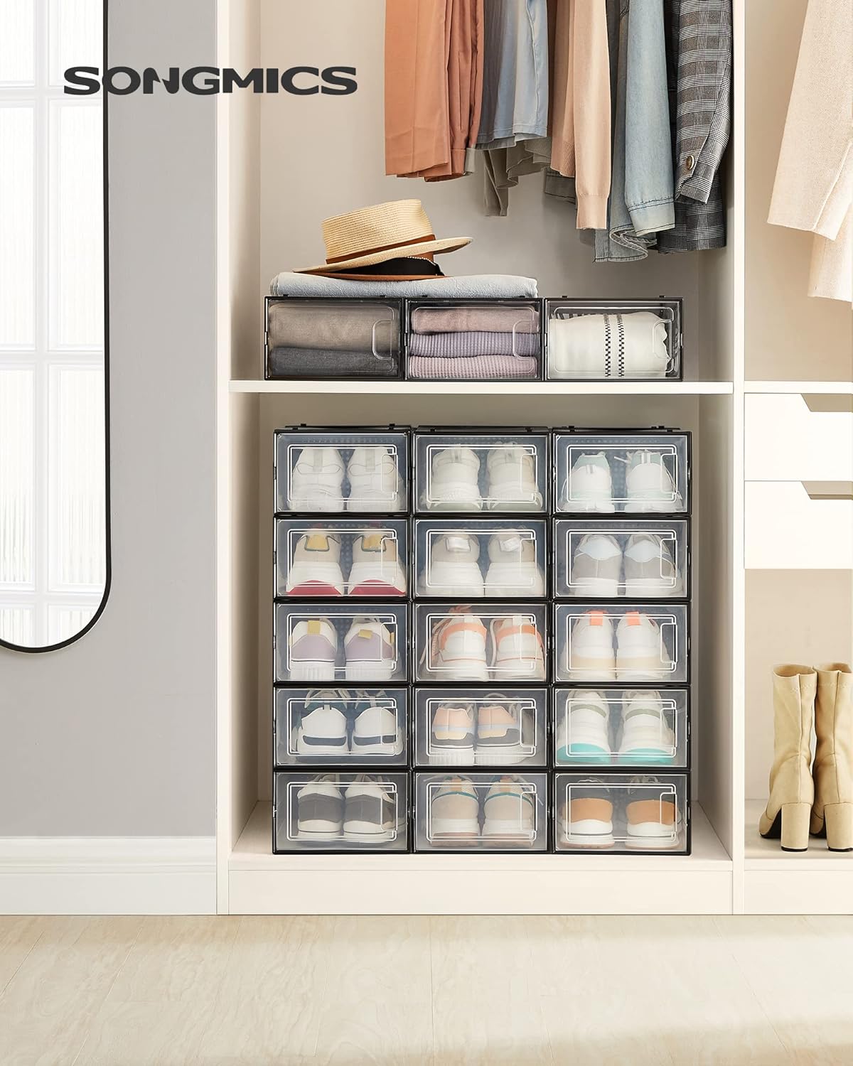 SONGMICS Cutii de pantofi, set de 18 organizatoare stivuibile, structura rezistenta ABS, 34x23x14cm, transparent si negru