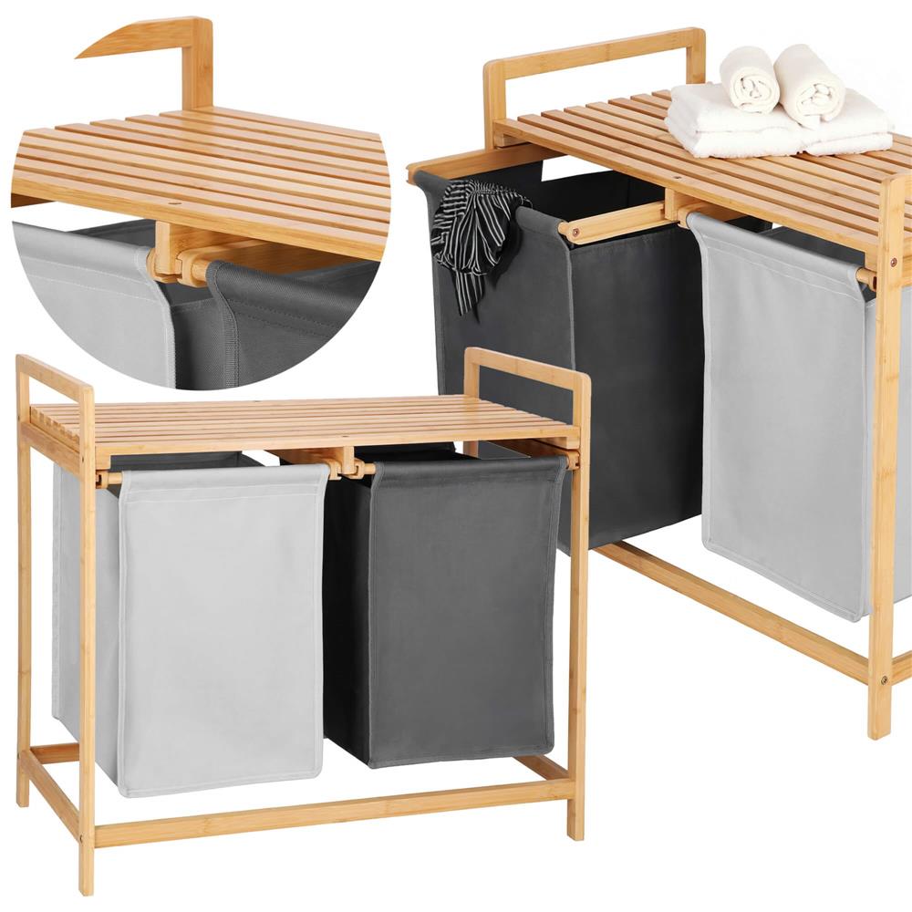 Cos de rufe din bambus, cu 2 saci detasabili, raft superior, capacitate de 40L per sac, 67x36x70cm, maro