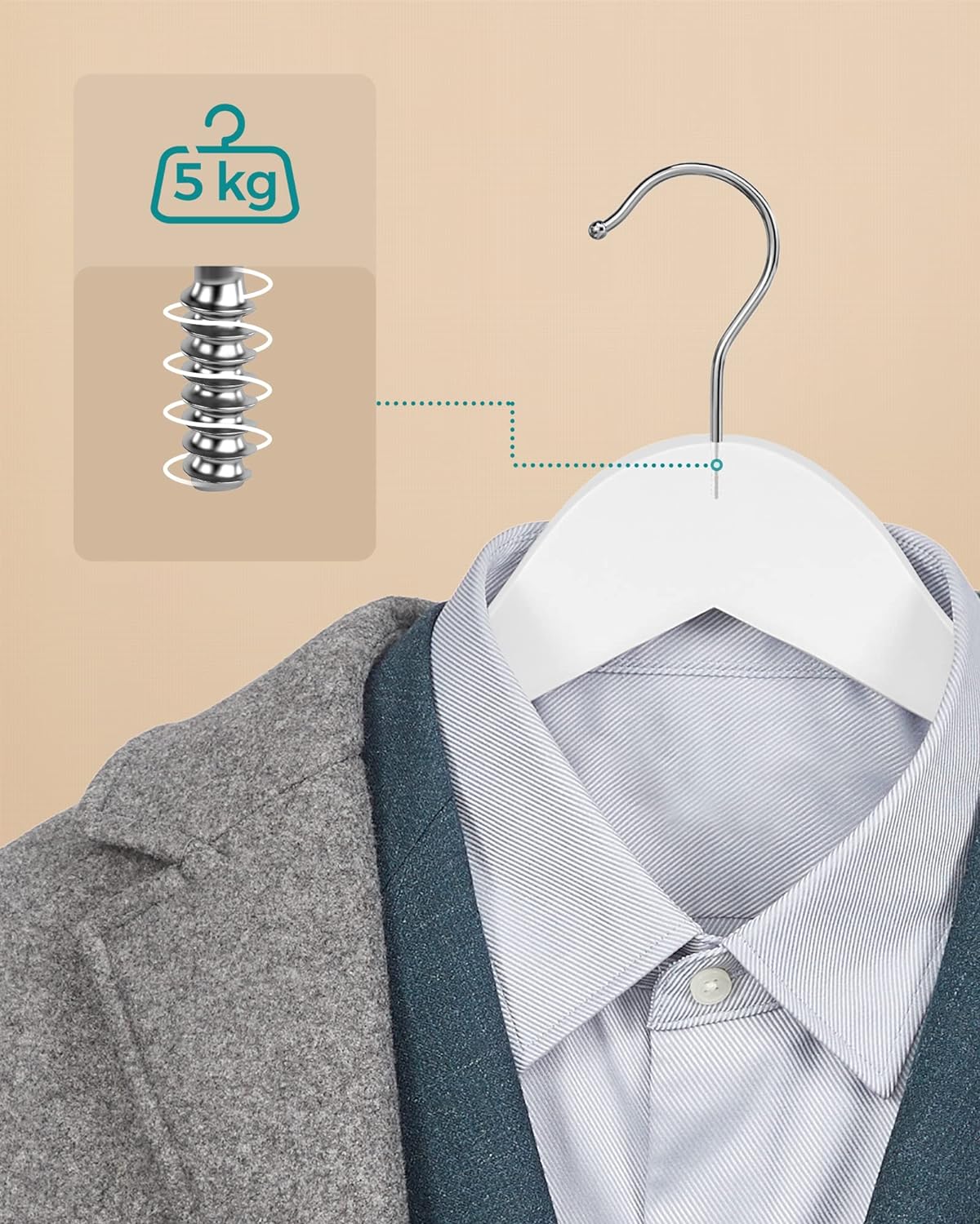 SONGMICS Set de 50 umerase din lemn, cu bara anti-alunecare pentru pantaloni, carlig pivotant la 360°, 45cm, alb