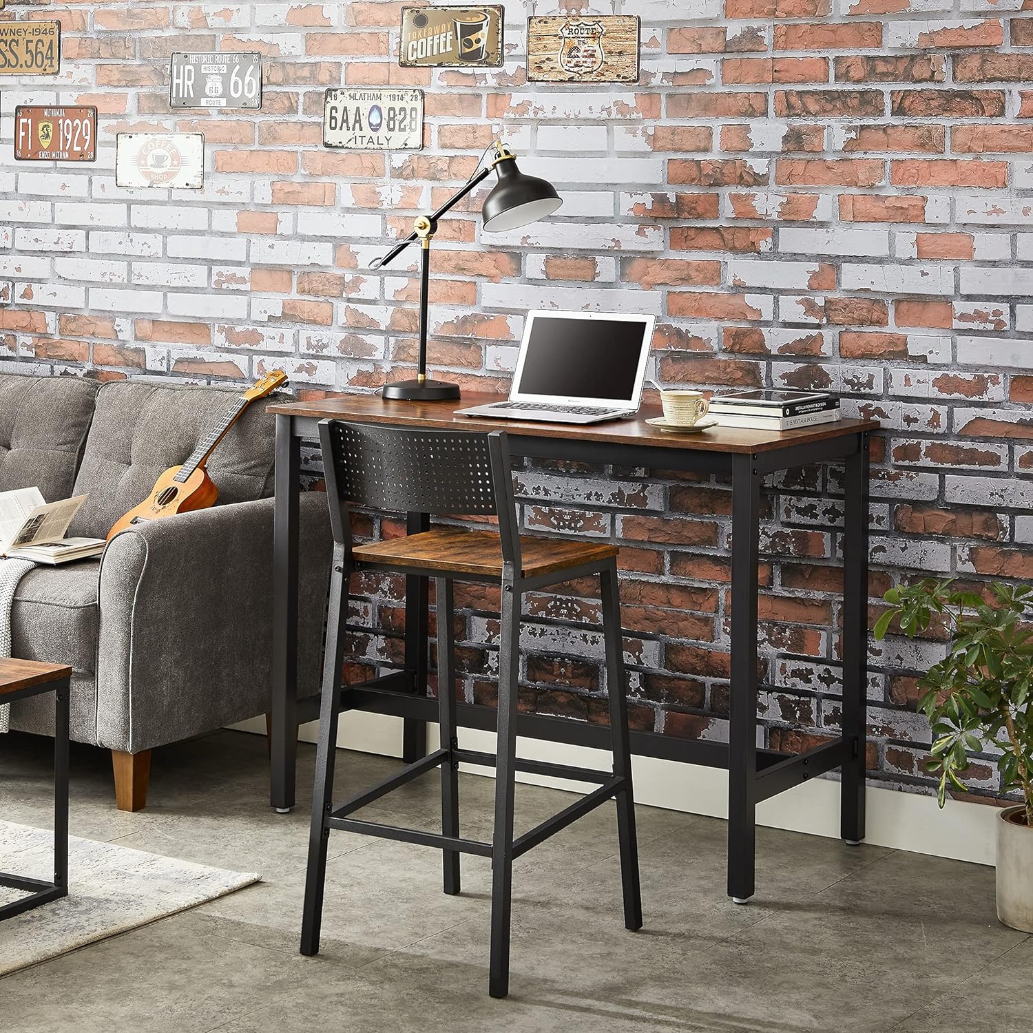 VASAGLE Set 2 scaune de bar, inalte cu spatar, cadru metalic, sezut MDF, industrial, 51x43x97cm, maro rustic si negru