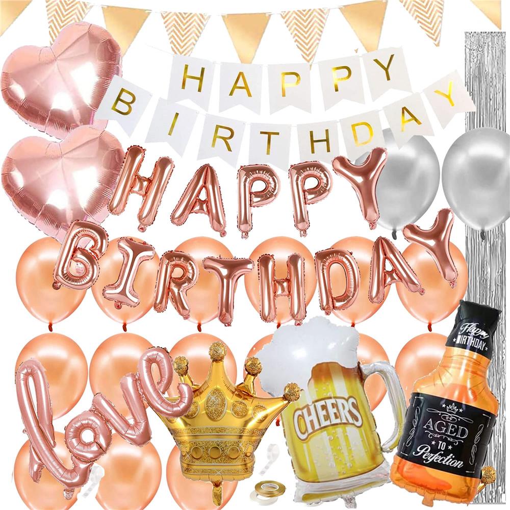 Set 48 baloane si decoratiuni, Happy Birthday, argintiu, roz