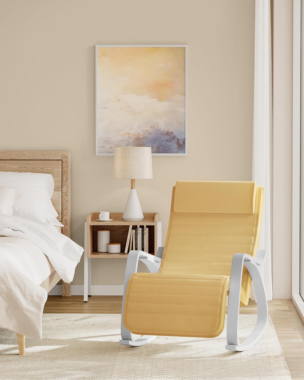 SONGMICS Scaun balansoar din lemn, suport picioare reglabil, maxim 150kg, 55x122x84cm, galben-pastel