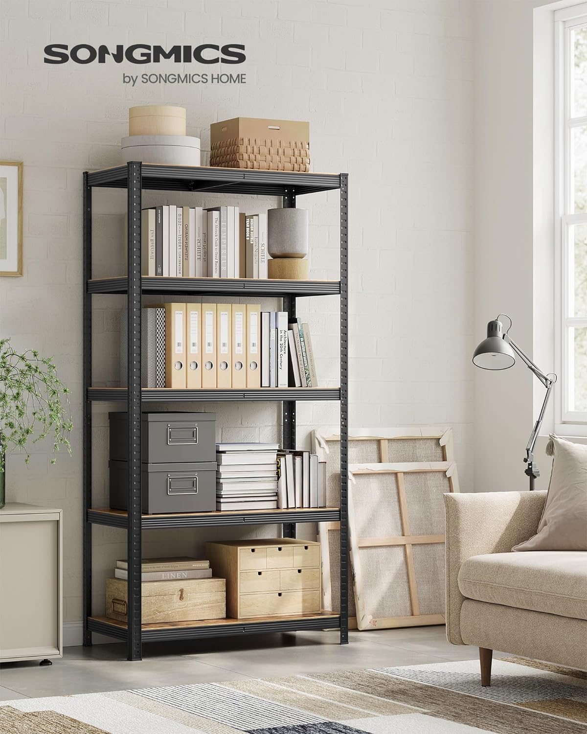 SONGMICS Raft de depozitare metalic, cu polite din PAL, 5 polite, max. 600 kg, 200x100x50cm, maro si negru