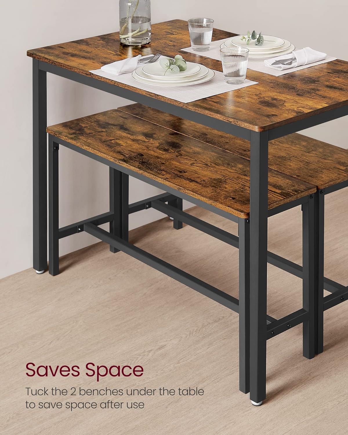 VASAGLE Masa de bar cu 2 banci, design industrial, 110x70x75 cm, maro rustic