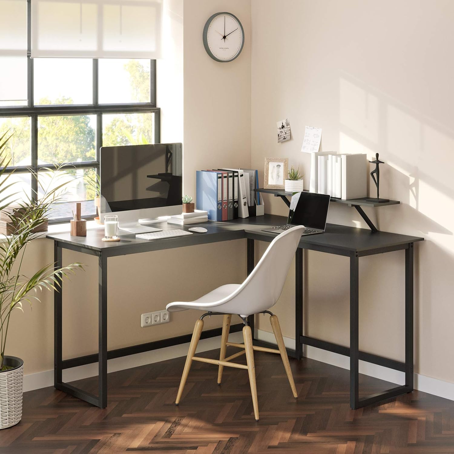 VASAGLE Birou in forma de L cu suport pentru monitor, cadru metalic, 140x130x76cm, negru