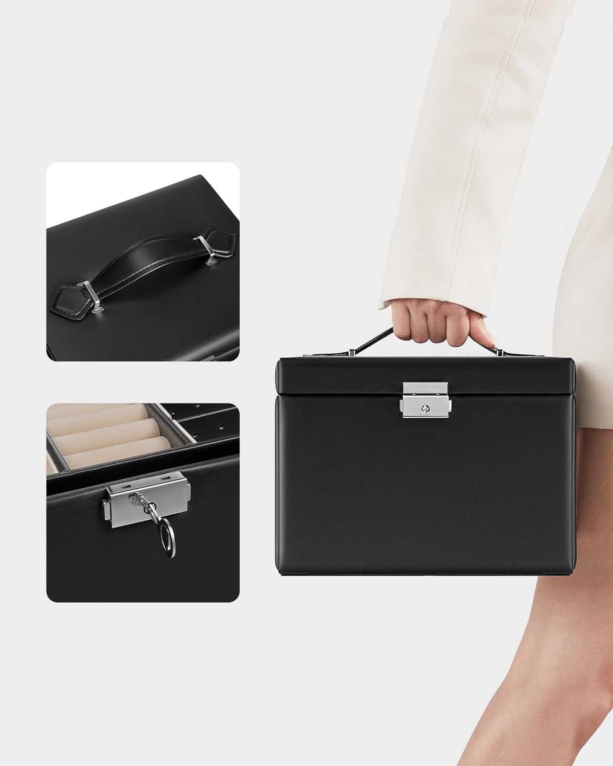 SONGMICS Cutie de bijuterii cu 4 nivele, 3 sertare, oglinda si incuietoare, 18x23x17cm, negru - 6