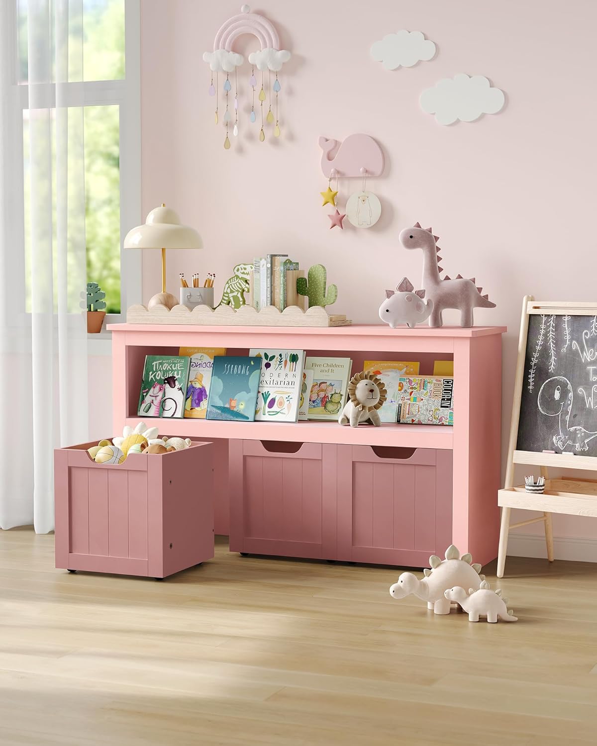 VASAGLE Dulap depozitare jucarii, din MDF, cu 3 compartimente detasabile pe roti, 30x102x60 cm, roz