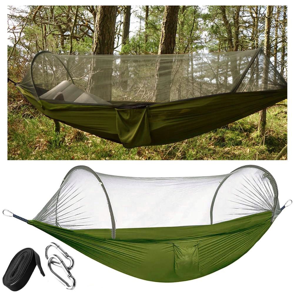 Hamac dublu din material parasuta 140x260cm, cu plasa de tantari si geanta transport, verde