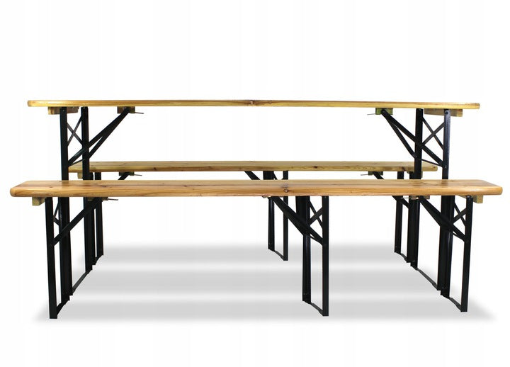 Set berarie din lemn masiv, pliabil, pentru terasa sau gradina, o masa si doua banci, 177x46cm, natur