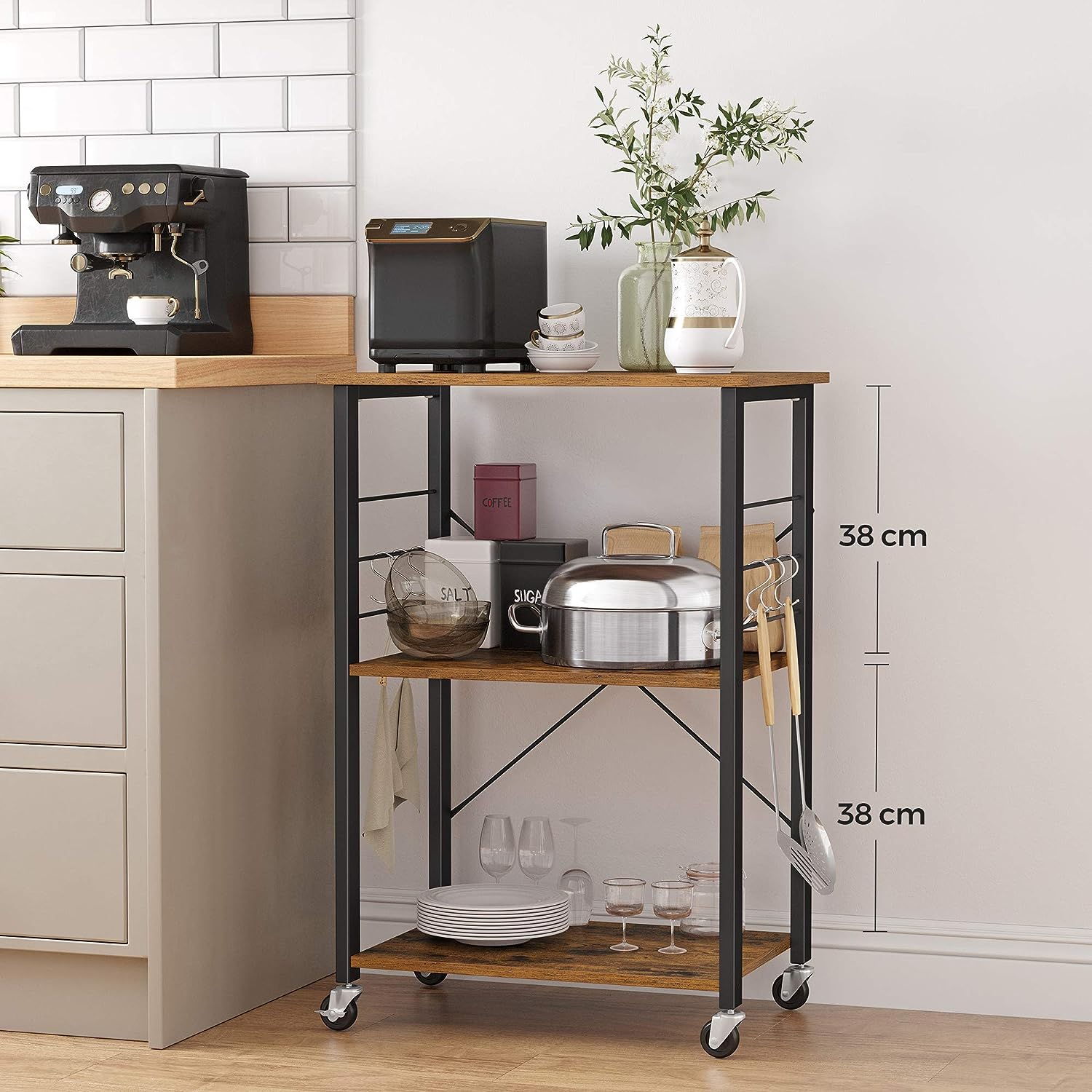 VASAGLE Raft de bucatarie pe roti, carucior de servire cu 3 rafturi, cadru metalic, 40x60x89cm design industrial, maro rustic