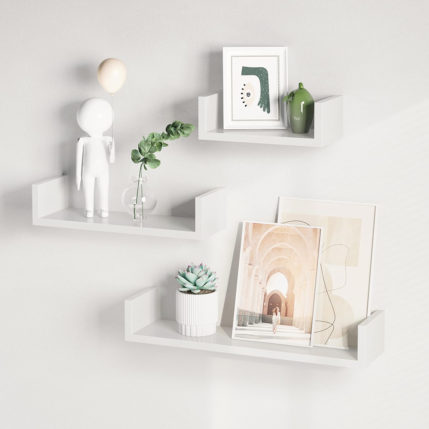 SONGMICS Set de 3 rafturi de perete plutitoare, MDF lucios, 30/45/60 cm, alb