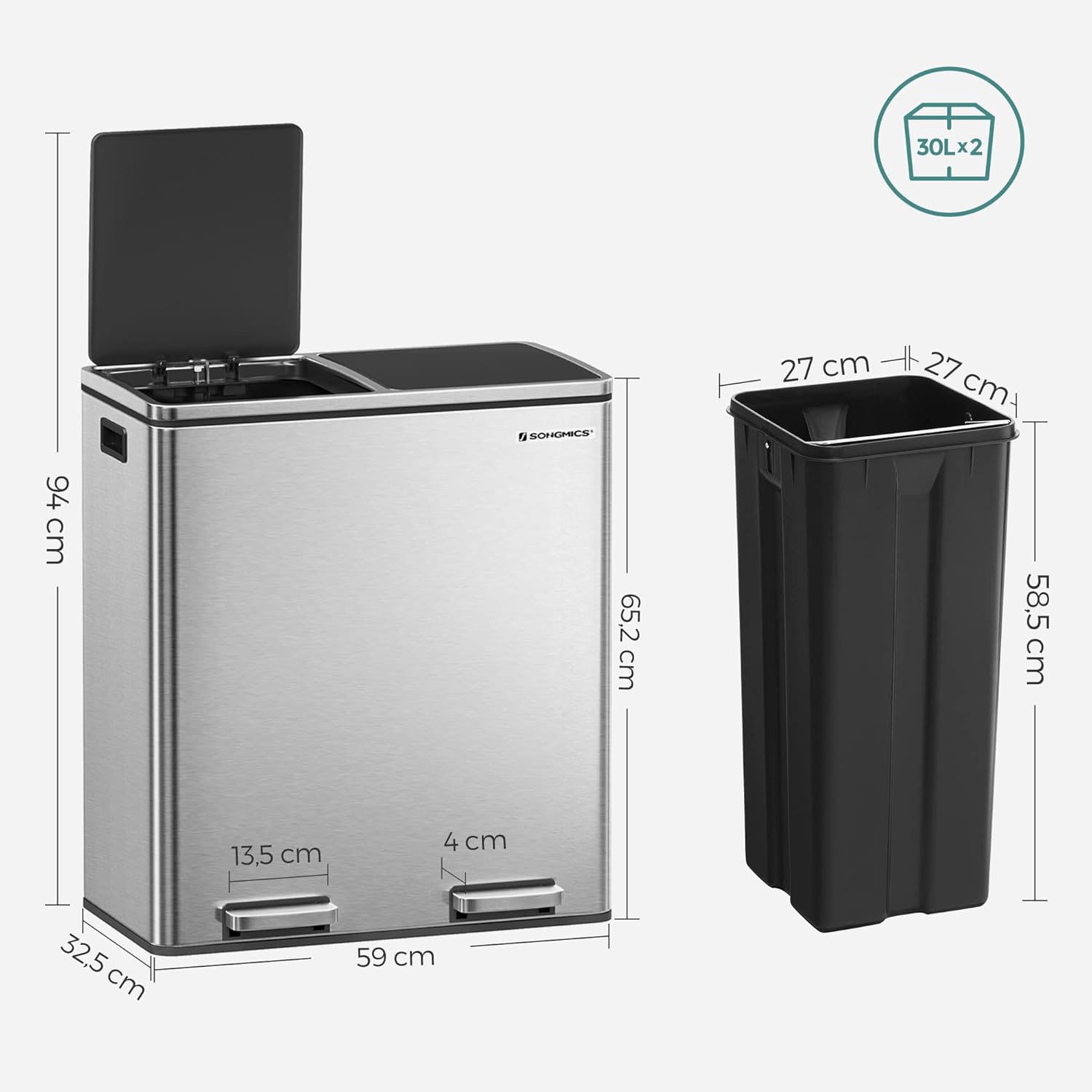 SONGMICS Cos de gunoi din inox cu 2 compartimente colectare selectiva, cu galeti interioare, 2x30litri, argintiu