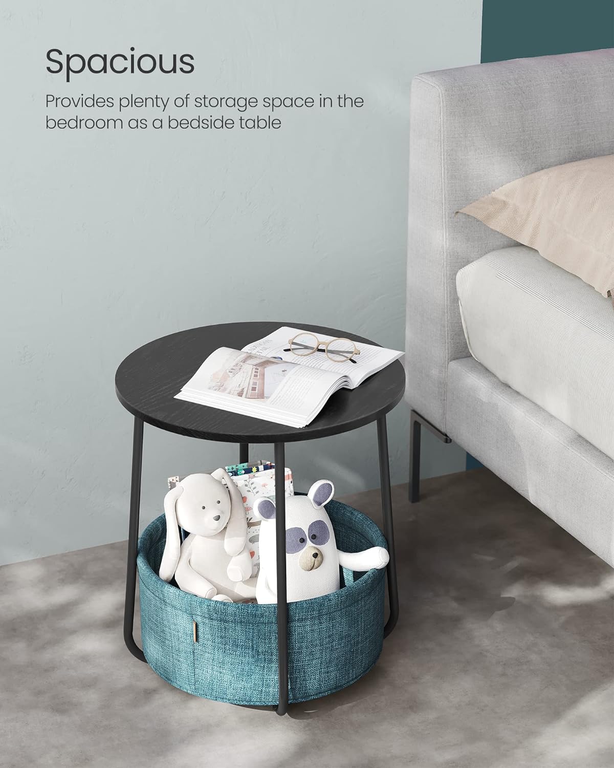 VASAGLE Masuta de cafea rotunda cu cos de stofa, stil modern, 45x50cm, negru cu turcoaz inchis