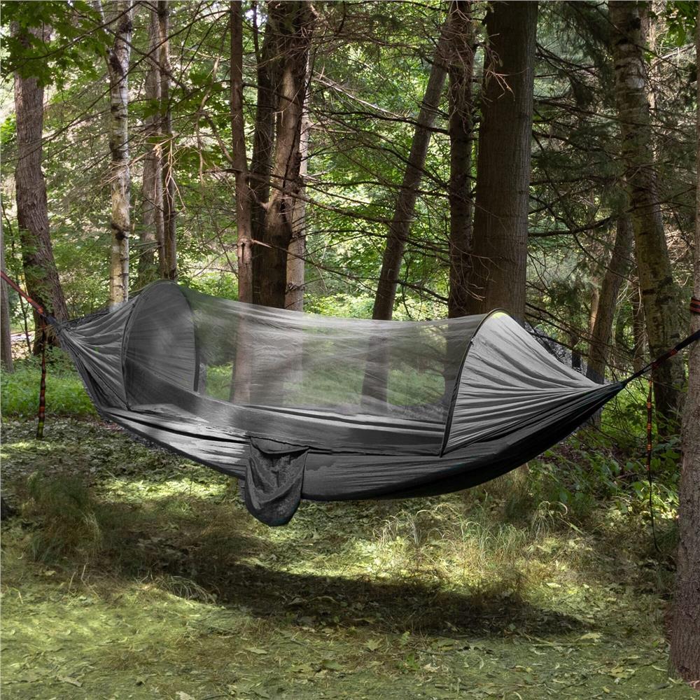 Hamac dublu din material parasuta 140x260cm, cu plasa de tantari si geanta transport, gri
