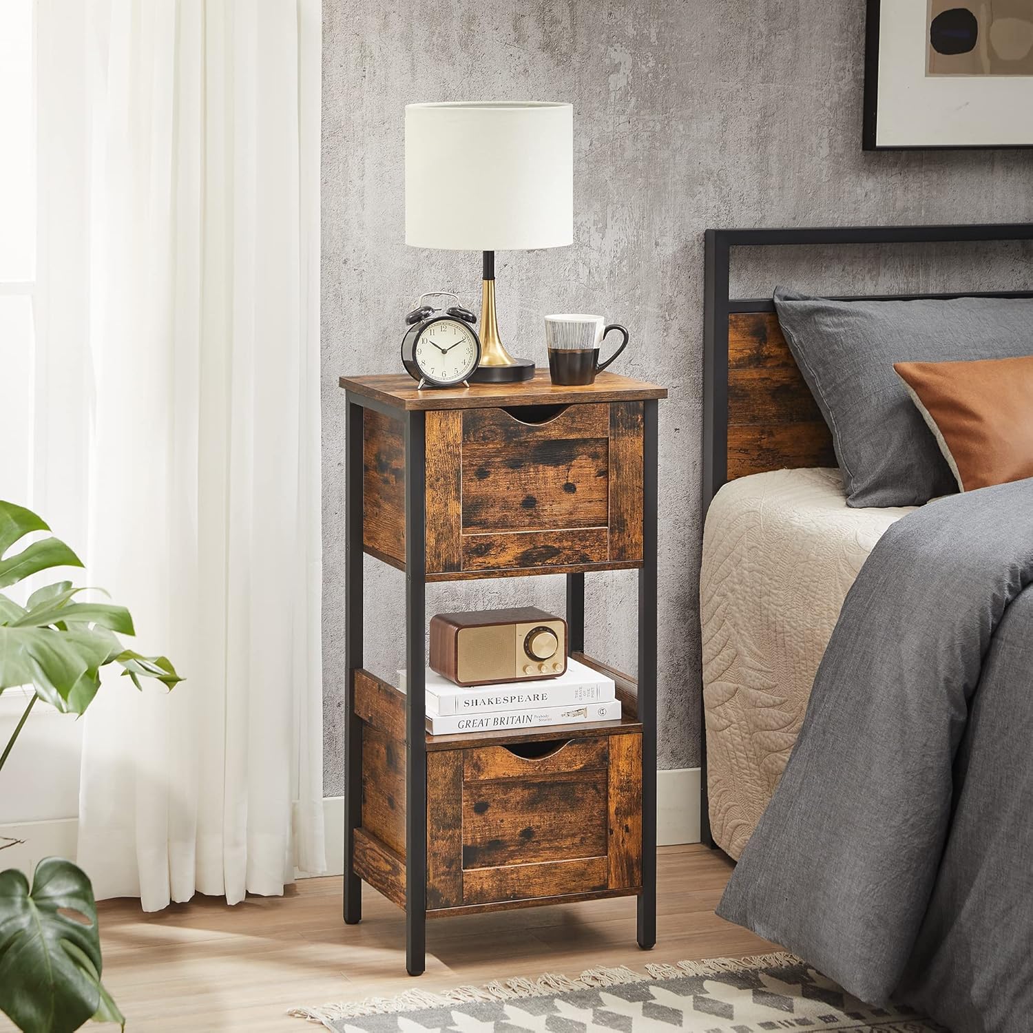 VASAGLE Noptiera inalta, din MDF, cu 2 sertare reglabile, 37x30x80 cm, maro rustic