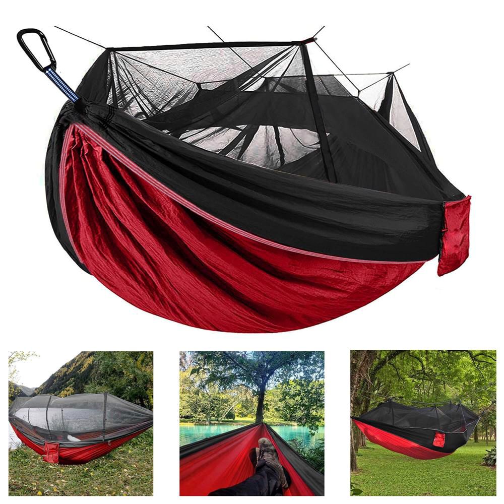 Hamac dublu din material parasuta 140x260cm, cu plasa de tantari, 250kg, rosu negru