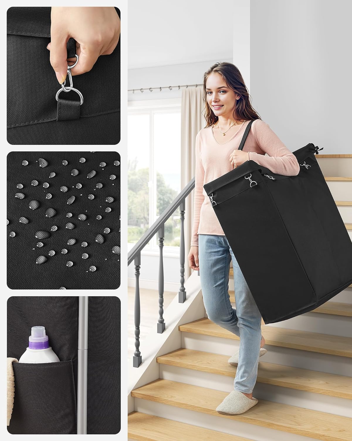 SONGMICS Cos de rufe cu roti, cadru din otel, sac detasabil cu 2 compartimente, 140 litri, 69x39x81cm, negru