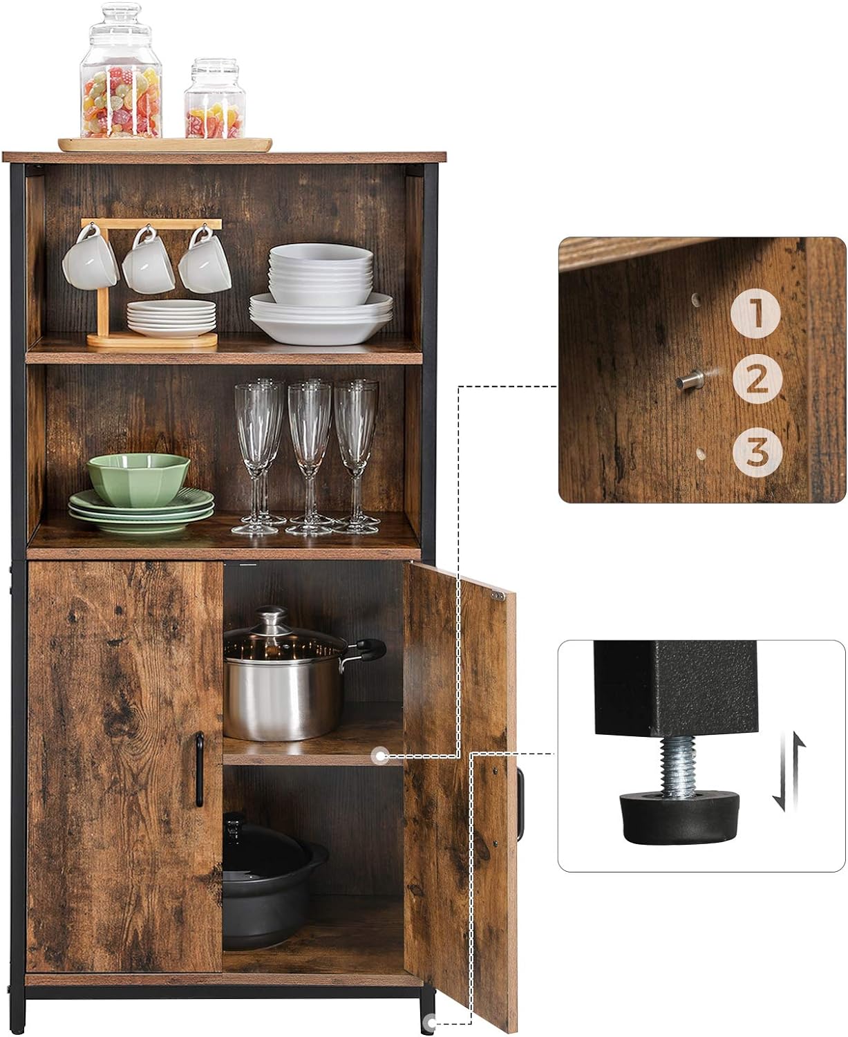 VASAGLE Comoda cu rafturi tip bufet, utilizare multifunctionala, stil industrial, 35x60x125cm, maro rustic - 6