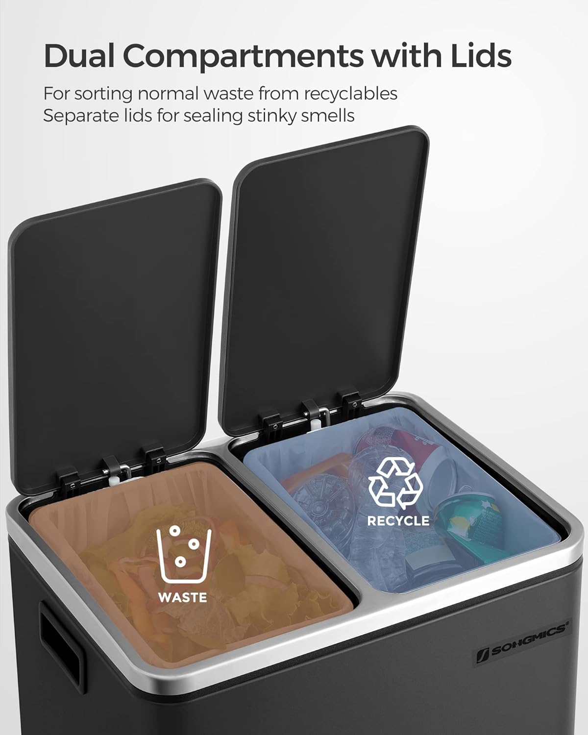 SONGMICS Cos de gunoi din inox cu 2 compartimente colectare selectiva, cu galeti interioare, 2x15litri, negru