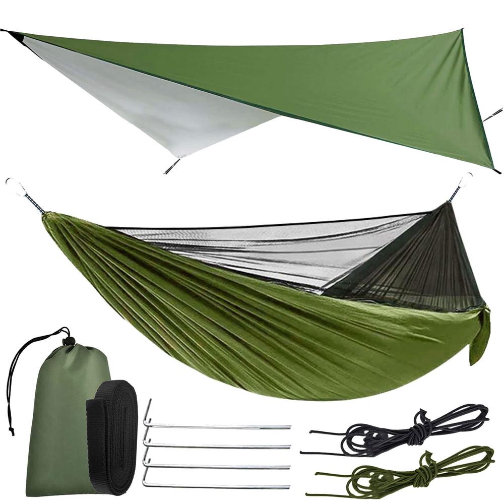 Hamac dublu din material parasuta 140x260cm, cu plasa de tantari si baldachin impermeabil, 200kg, verde