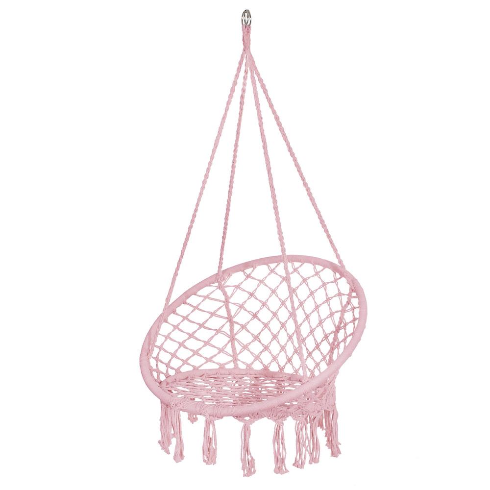 Scaun rotund tip leagan suspendat pentru casa sau gradina SPR42, cu franjuri, 150kg, roz
