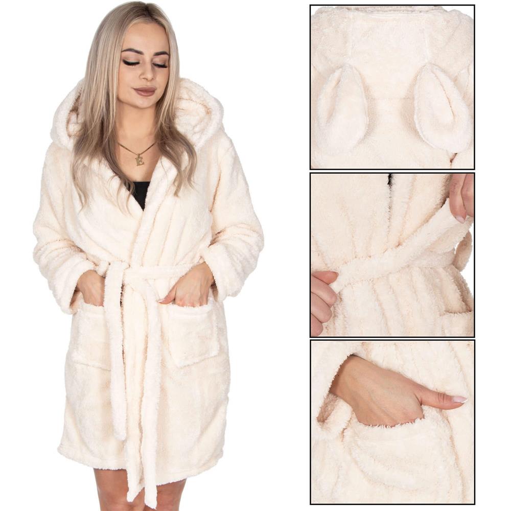Halat de baie pentru femei pana la genunchi, gluga cu urechi, marimea L/XL, bej
