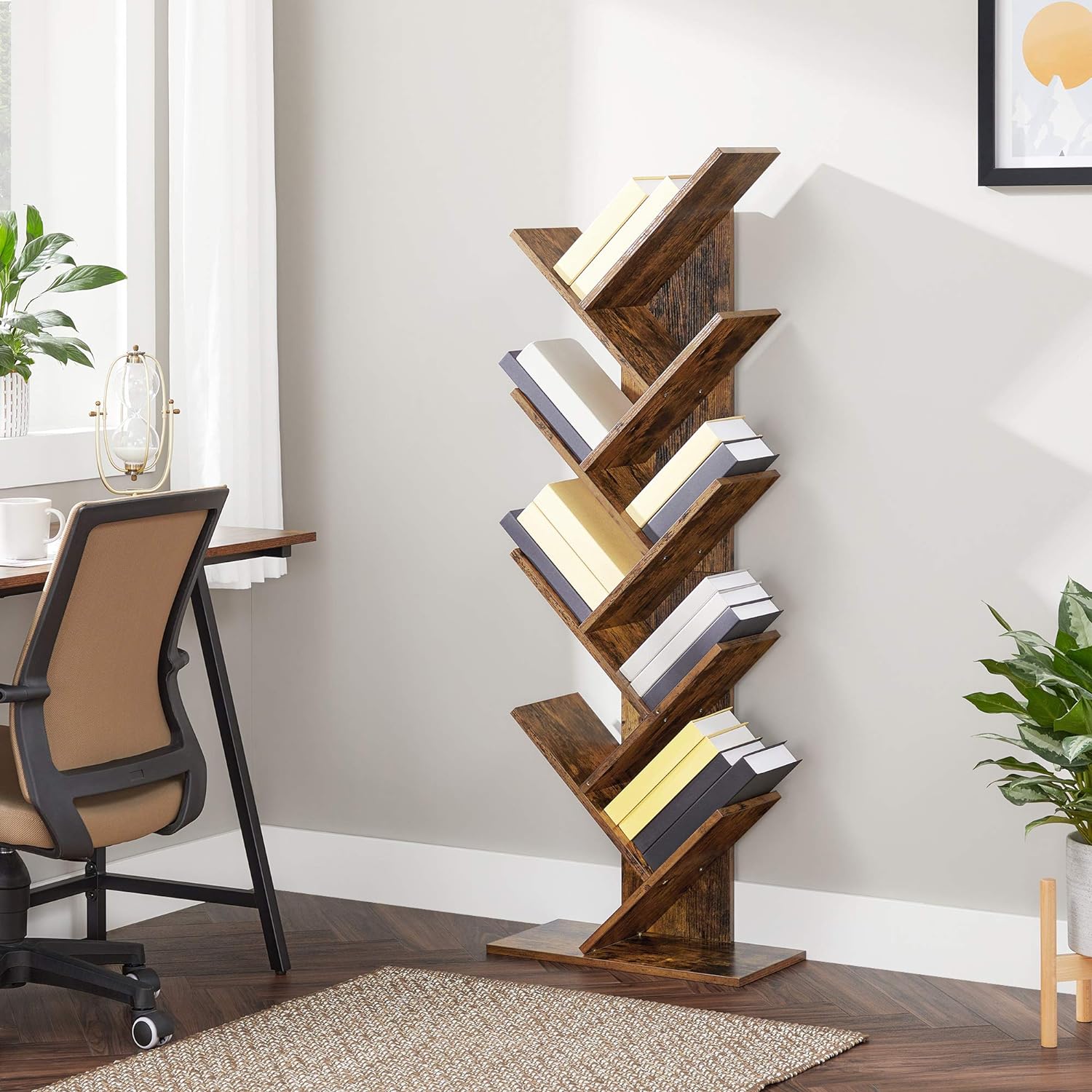 Biblioteca de podea cu 8 etaje, cu rafturi din lemn in forma V, 25x141x50cm, maro rustic