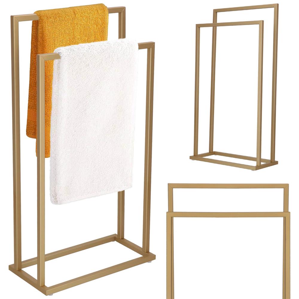 Suport metalic de baie pentru prosoape, cu 2 standuri, 86 cm, auriu mat