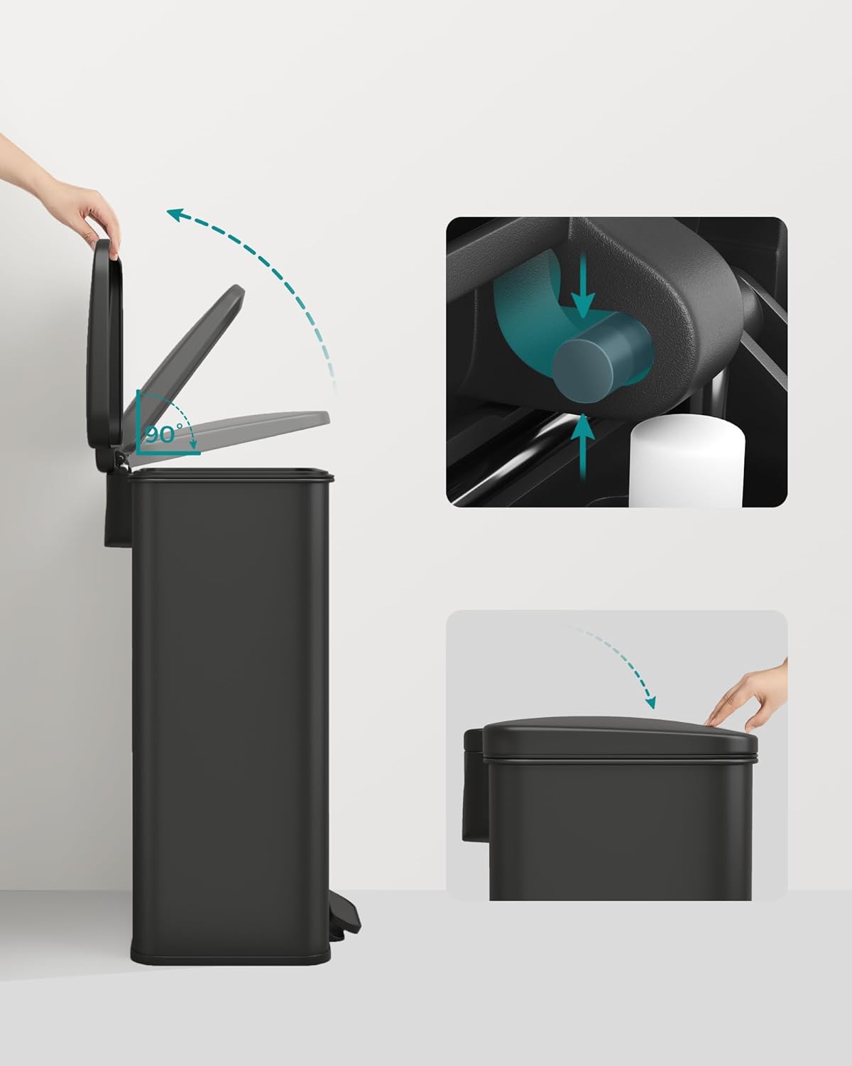 SONGMICS Cos de gunoi din otel, cu pedala si soft-close, saci gunoi inclusi, 40 litri, negru