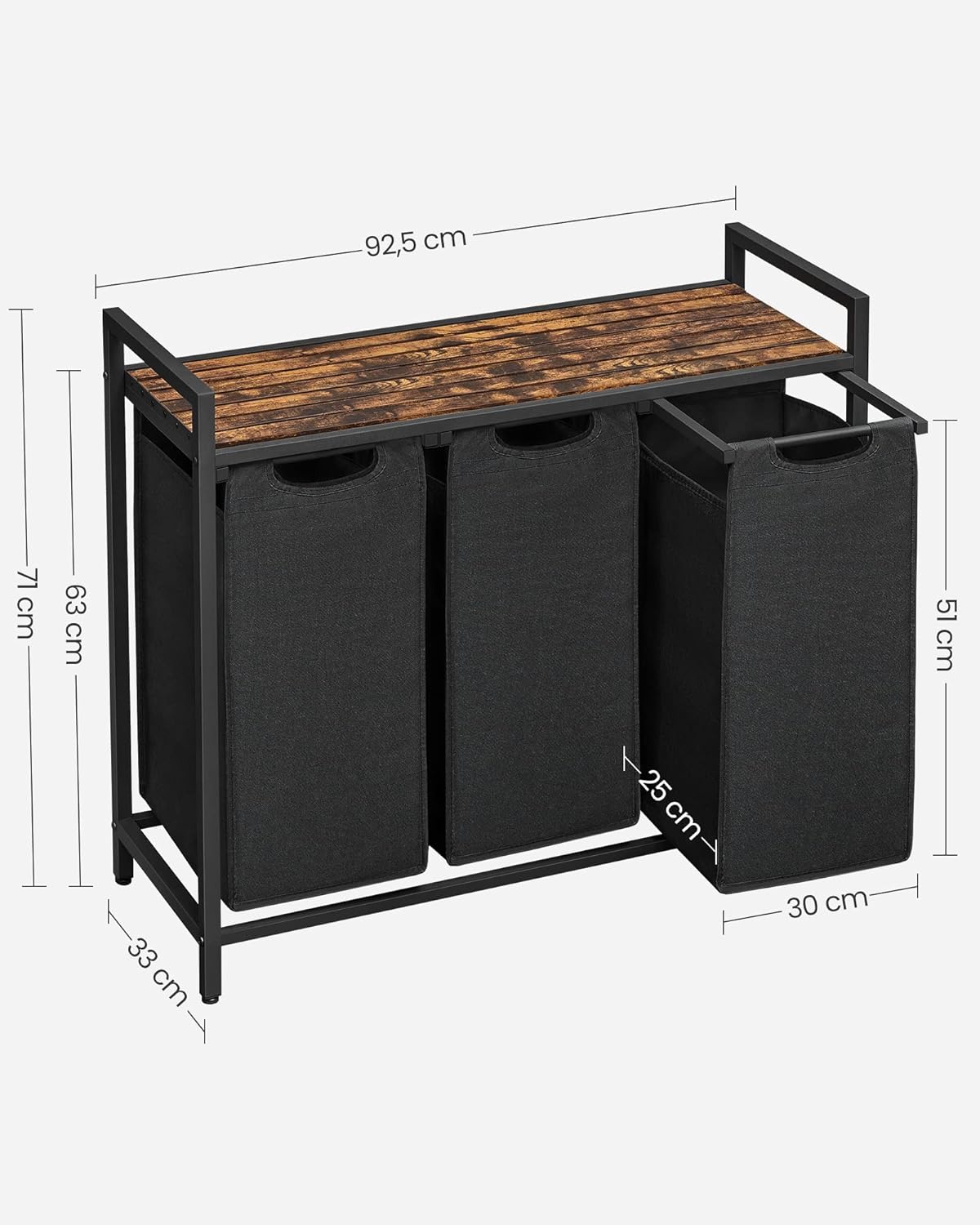 VASAGLE Cos de rufe, 3 compartimente, saci de rufe detasabili, raft, cadru metalic, 3x38L, 93x33x72 cm, maro rustic si negru - 4