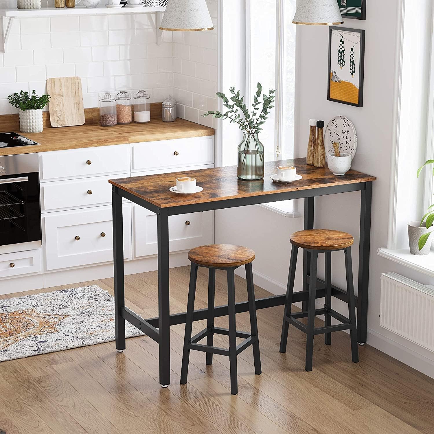 VASAGLE Set 2 scaune bar inalte, sezut rotund, cadru din otel, inaltime 65 cm, stil industrial, maro rustic si negru