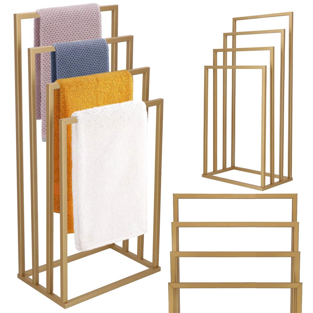 Suport metalic de baie pentru prosoape, cu 4 standuri, 96 cm, auriu mat - 6