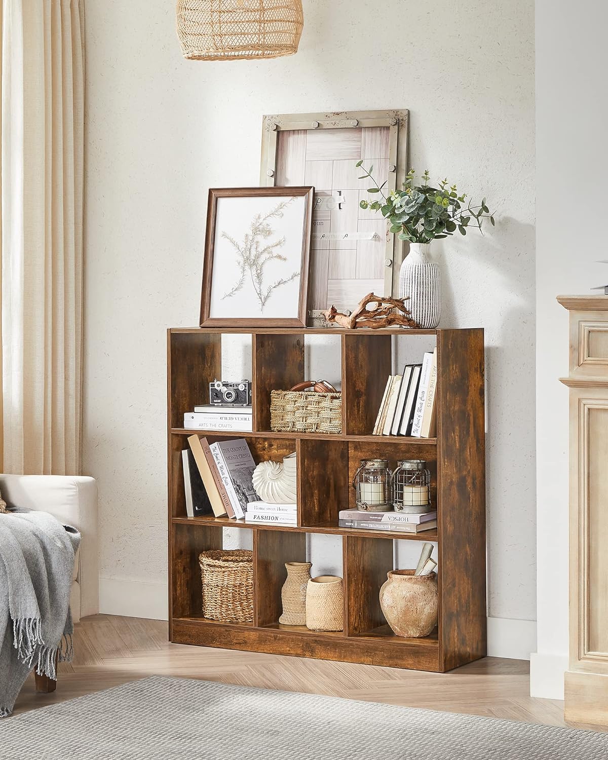 VASAGLE Biblioteca, raft cu 8 unitati de depozitare, pentru living, din lemn, 97x30x100cm, maro rustic