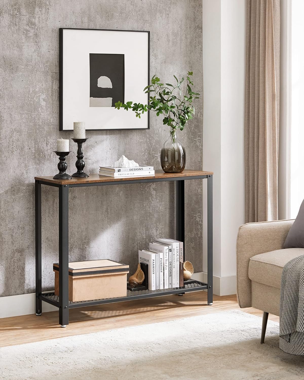 VASAGLE Masa de intrare, cadru metalic cu blat din lemn, industrial, 102x35x80cm, maro rustic si negru