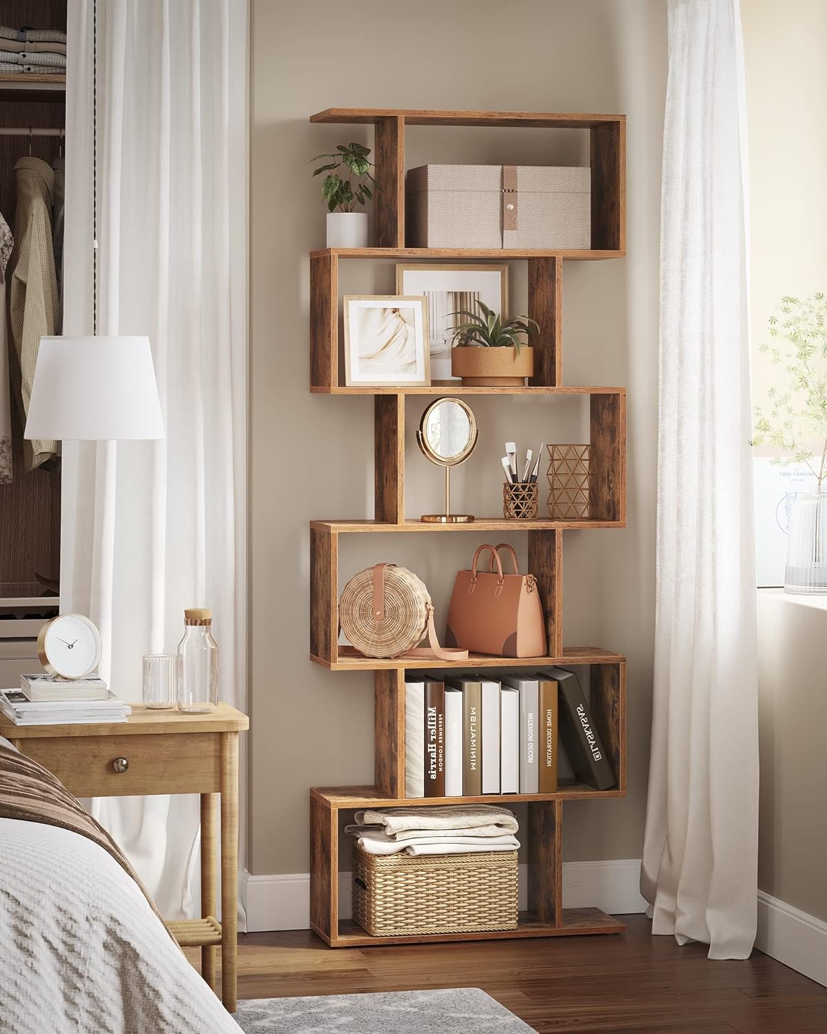 VASAGLE Biblioteca, raft cu 6 unitati de depozitare, pentru living, din lemn, 24x190x70cm, maro rustic