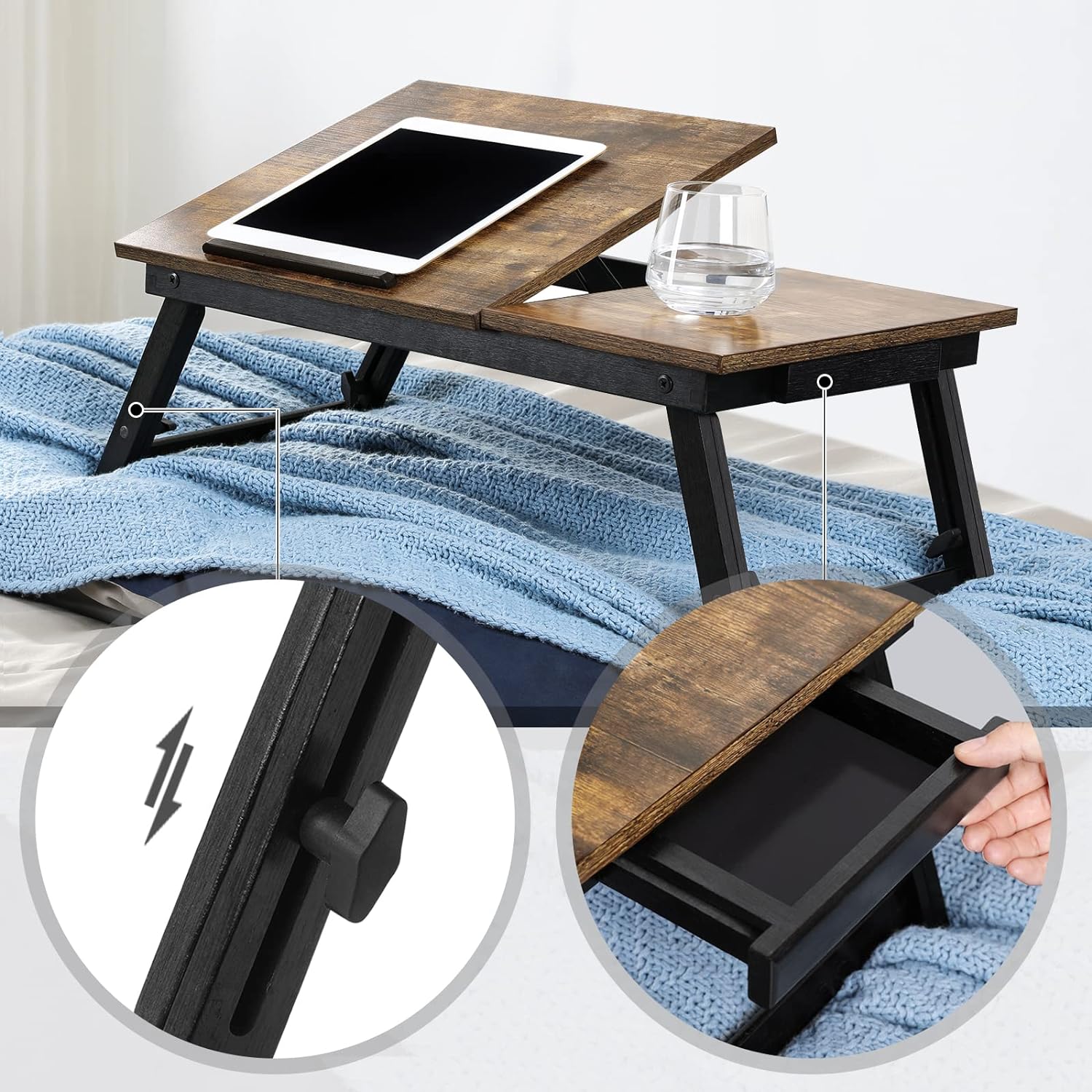 SONGMICS Masa de pat pentru laptop, plabila si reglabila, 55x35x23 cm, maro