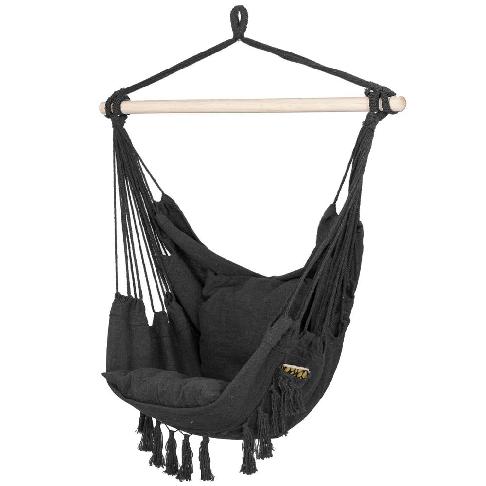 Hamac tip leagan suspendat pentru casa sau gradina, cu perne, 130x100cm, 150kg, gri inchis