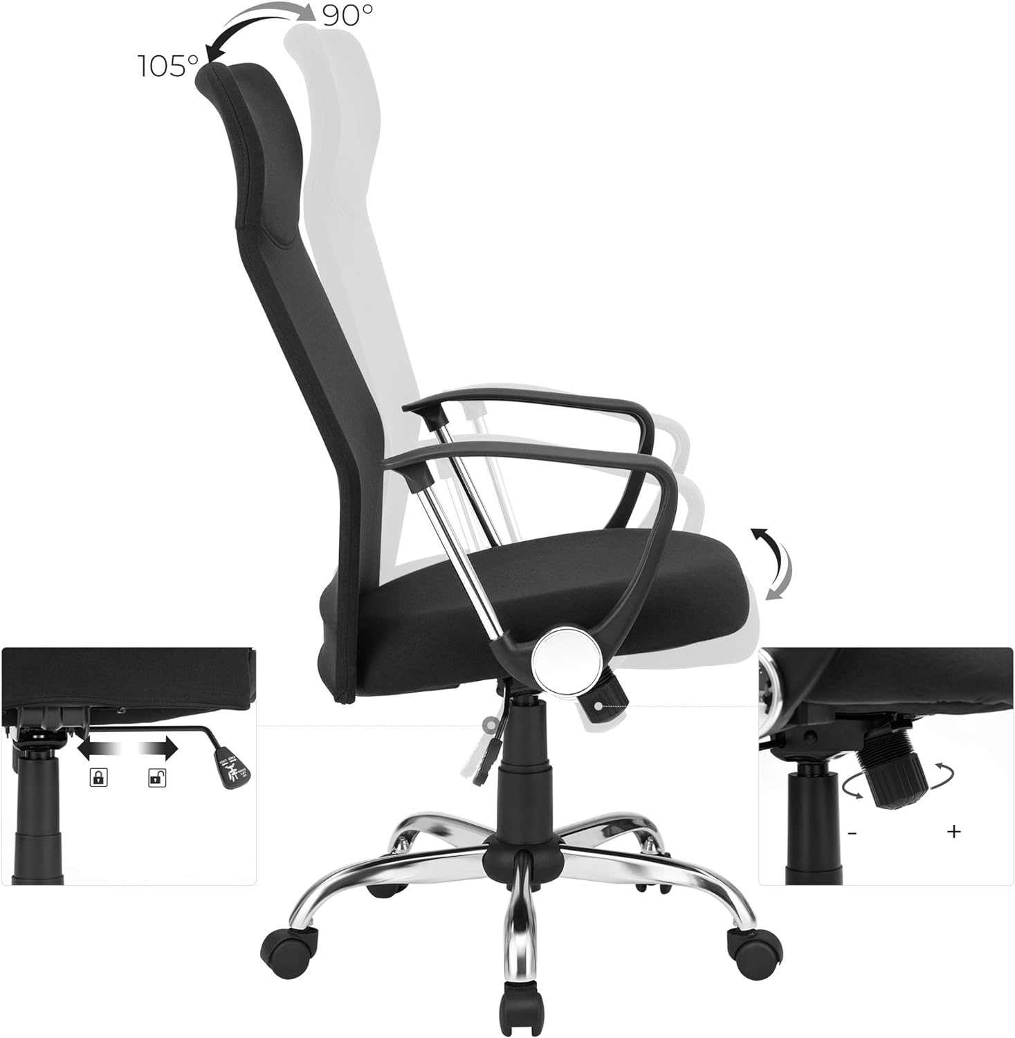 SONGMICS Scaun de birou ergonomic pentru sala de sedinte, pivotant, capitonat, inaltime reglabila si rabatabil, negru - 4