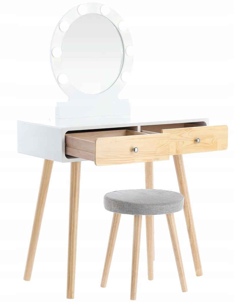 Set masa de toaleta si machiaj cu taburet, Scandinav, oglinda, iluminare LED, 75x45x130 cm, alba