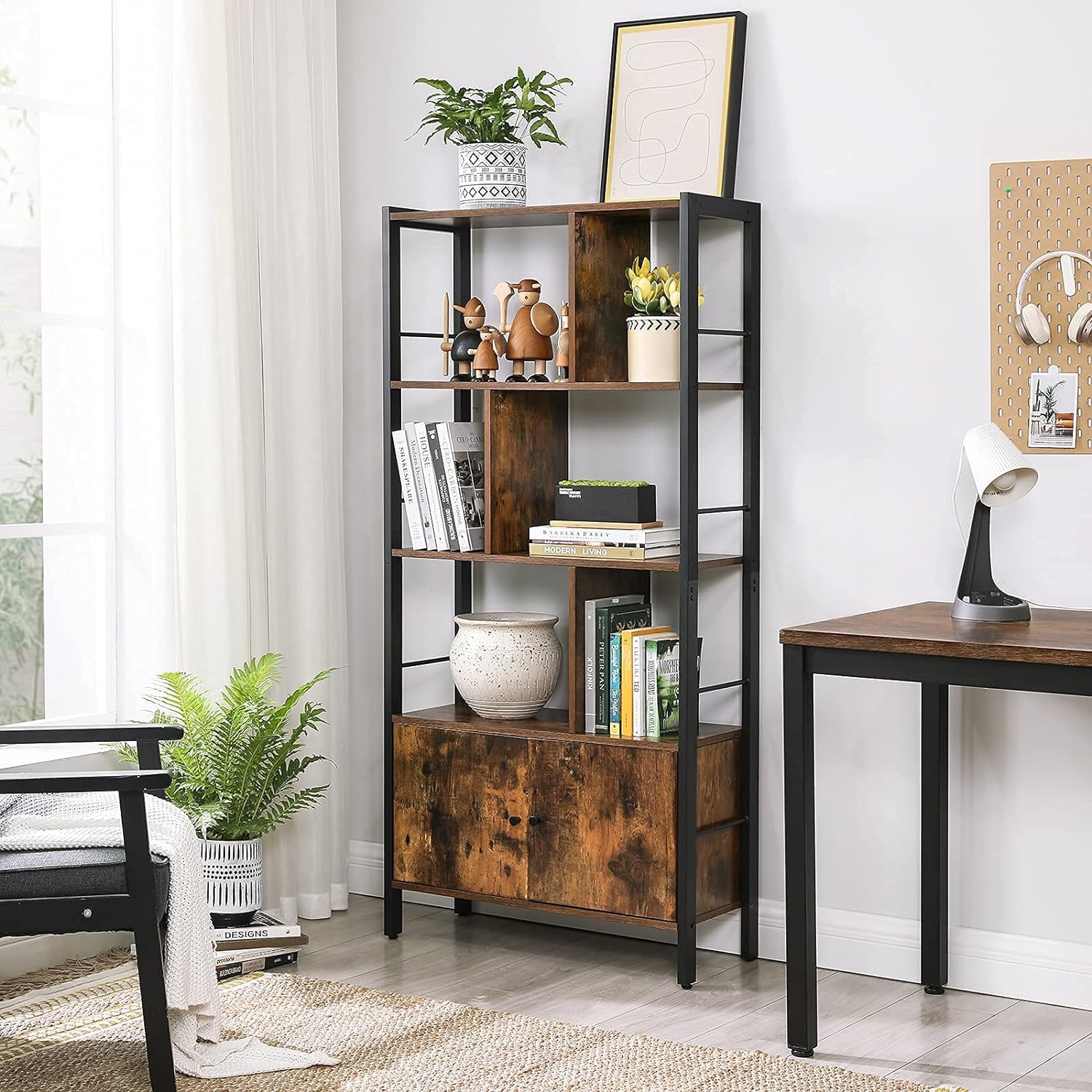 VASAGLE Biblioteca cu 4 rafturi si dulap inferior cu 2 usi, stil industrial, 74x30x155cm, maro rustic