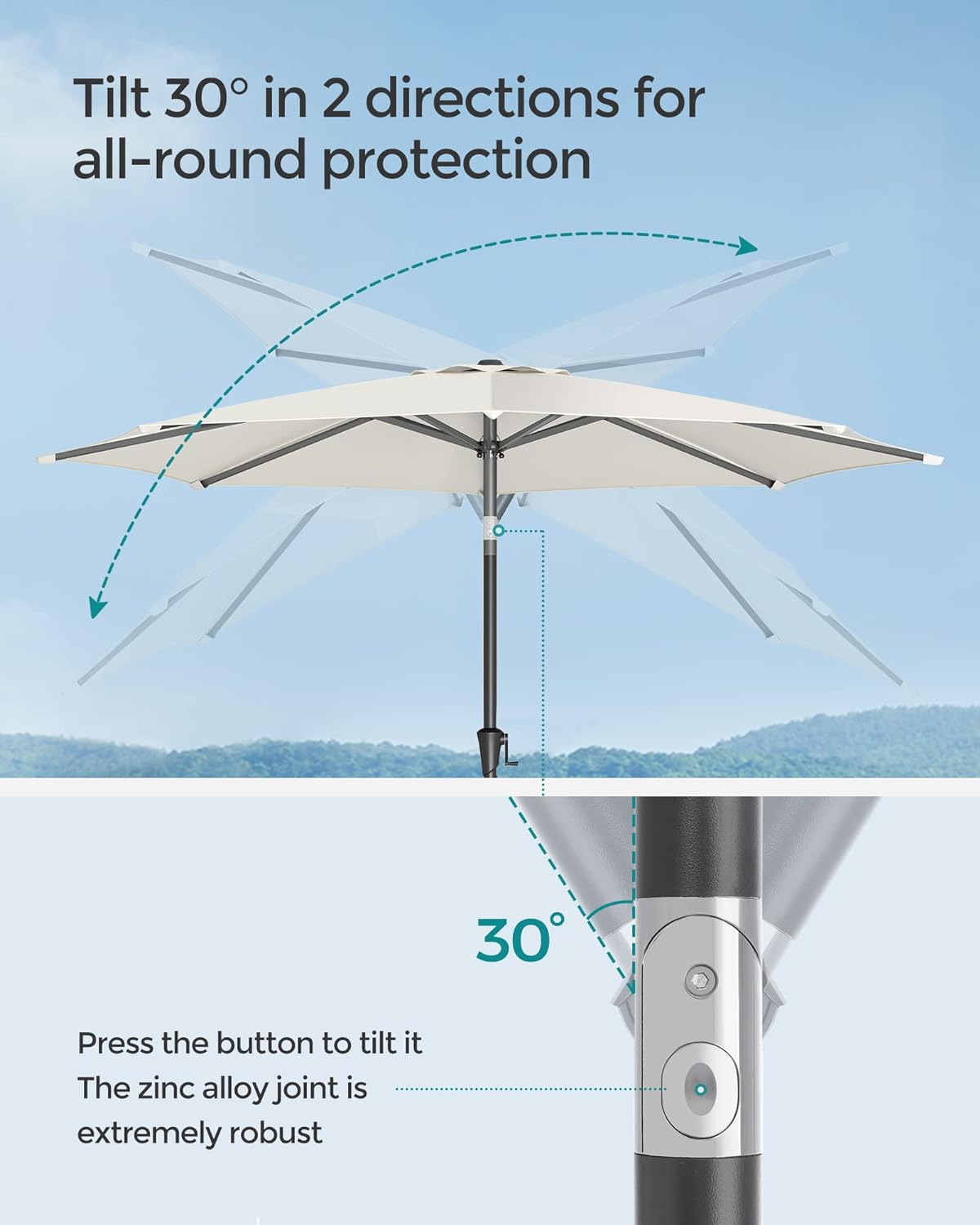 SONGMICS Umbrela de gradina, cu manivela pentru deschidere, sistem inclinare, 300cm, bej