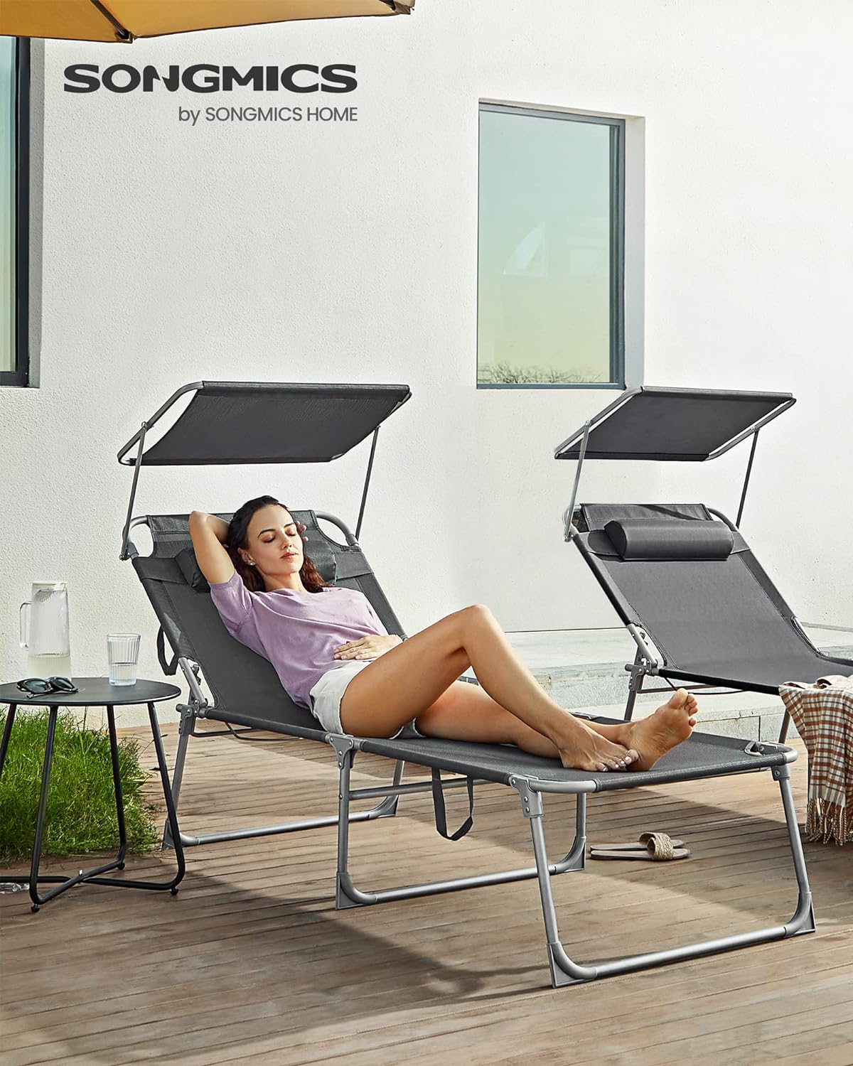 SONGMICS Sezlong pliabil, cu parasolar si tetiera, spatar reglabil in 4 pozitii, maxim 150kg, 200x71x38cm, gri