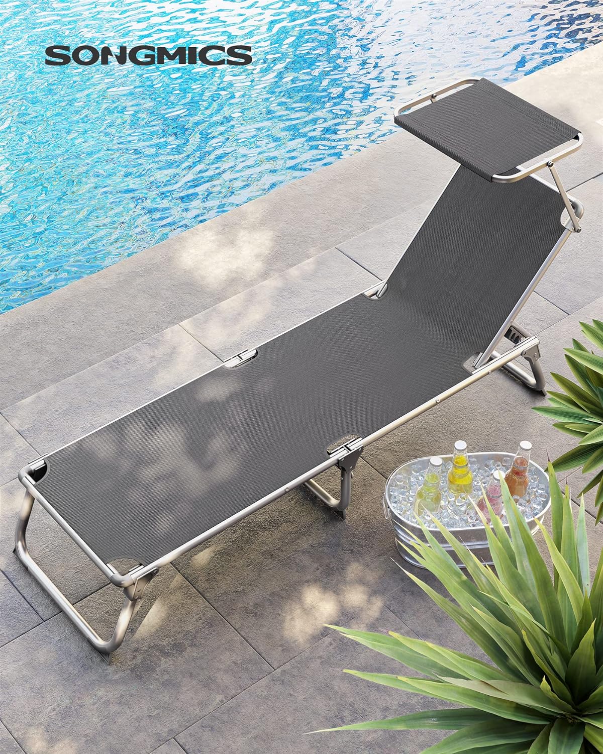 SONGMICS Sezlong pliabil, cu parasolar, spatar reglabil in 5 pozitii, maxim 150kg, 193x55x31cm, gri